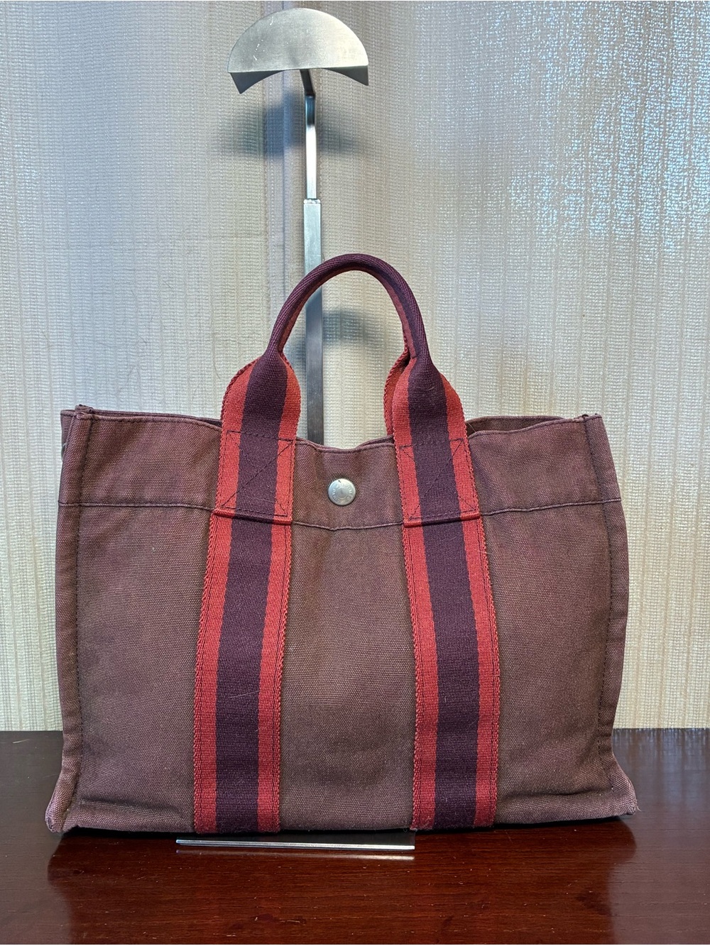 Hermes Brown Canvas Tote with Red and Burgundy Striped Handles